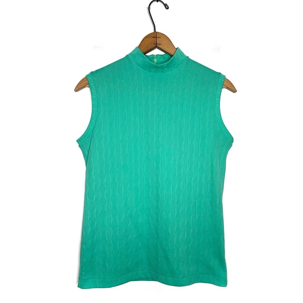 Bellariva | Vintage 70s Green Pointelle Sleeveless Mock Neck Top Size Large